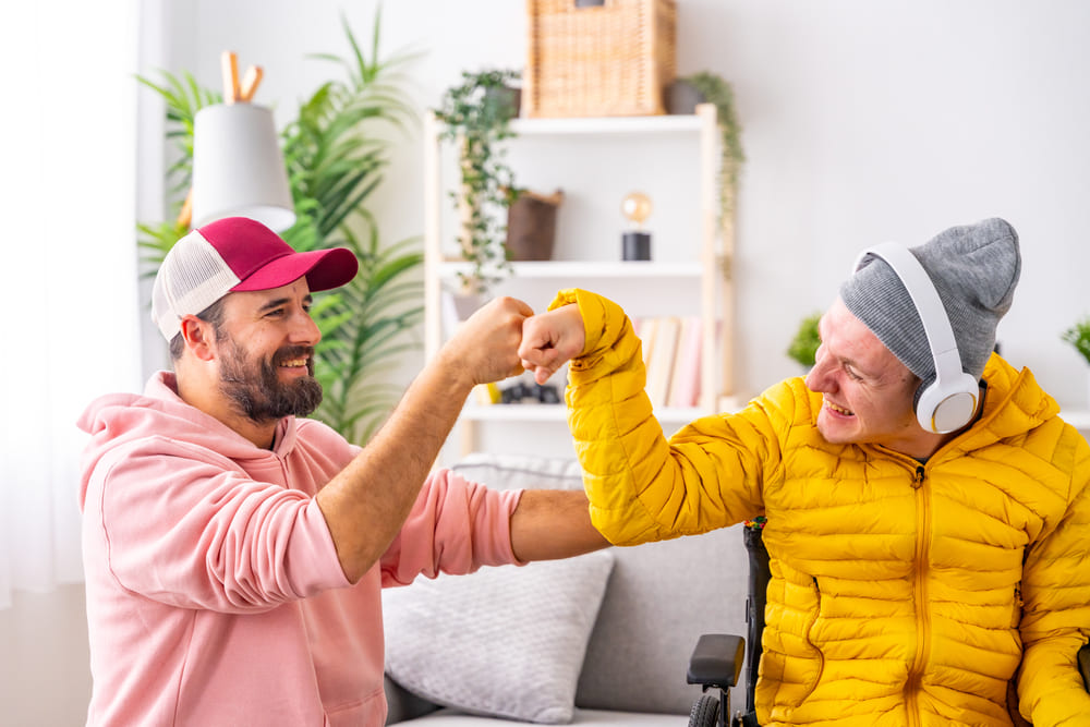 Two friends sharing a joyful moment together.